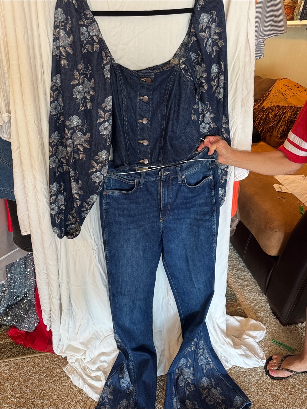 Floral Denim Flare Pantsuit - Navy Blue